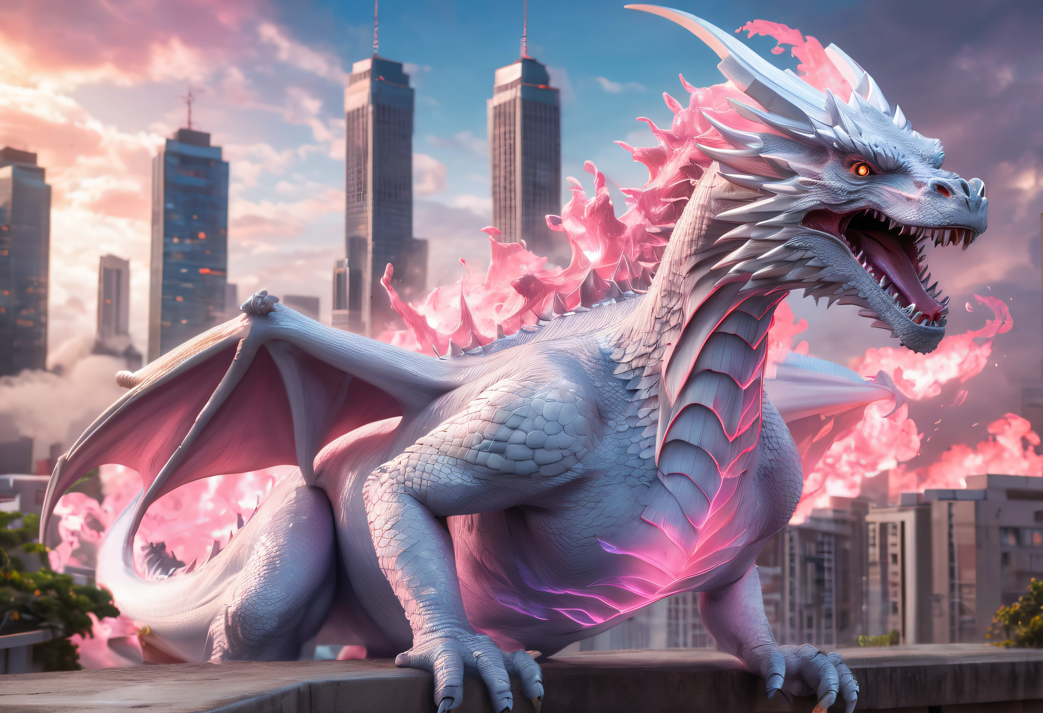 Dragoned, Concept art with 16k resolution, rosto altamente detalhado, olhos altamente detalhados, Cityscape, arte splash intrincadamente detalhada, dynamic lighting, cinemactic, sombreamento 3D, perfeito, liso, cor profunda, natural lighting, Beautiful Composition A white dragon with pink details, asas abertas, focus on the entire body and pink flames coming out of your mouth towards the glow, clear blue sky,chamas rosa,Chamas na cor rosa emanando de sua boca.Chamas na cor rosa emanando de sua boca.Chamas na cor rosa emanando de sua boca.Chamas na cor rosa emanando de sua boca.Chamas na cor rosa emanando de sua boca iqual o godzilla soltando energia pela boca