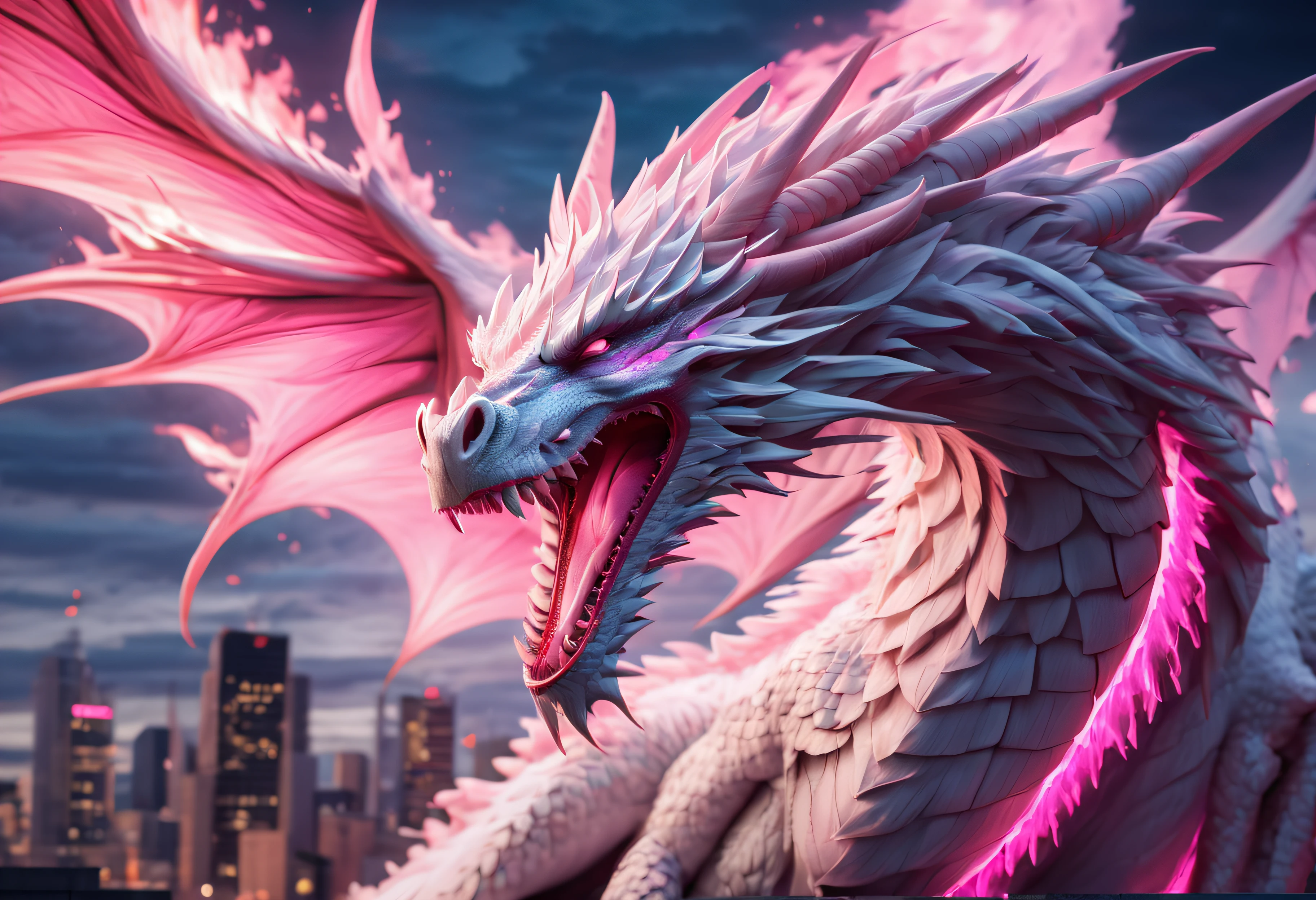 Dragoned, Concept art with 16k resolution, Rosto altamente detalhado, olhos altamente detalhados, Cityscape, arte splash intrincadamente detalhada, dynamic lighting, cinemactic, Sombreamento 3D, perfeito, liso, cor profunda, natural lighting, Beautiful Composition A white dragon with pink details, Asas Abertas, focus on the entire body and pink flames coming out of your mouth towards the glow, clear blue sky,chamas rosa,Chamas na cor rosa emanando de sua boca.Chamas na cor rosa emanando de sua boca.Chamas na cor rosa emanando de sua boca.Chamas na cor rosa emanando de sua boca.Chamas na cor rosa emanando de sua boca.