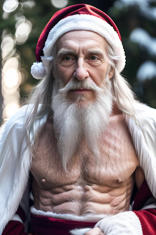 An elder with a long beard and white hair, with a serene face wrinkles, looking producing, body older weak, skinny bones hairy, body , his shirt was open to reveal his stomach wrinkles older hairy weak and , arms legs neck hands feet skinny old and weak, Santa Claus hat, gloves and open coat,shy and blushed, Lying in the snow,snow lily,Closed eyes,master-piece,4K images,beste-Qualit
