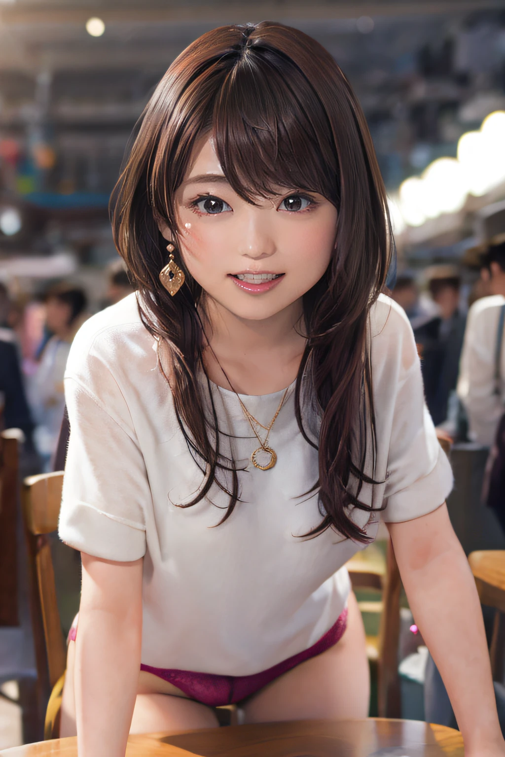 a women, ((blush)), slut, panties are fully visible, ecstasy face, temptation, earrings, necklace, stay at the corner of the table and face the center of the table, climbing and straddling to hit her wet cute panties on the corner of the table, open legs, raise leg, open mouth, ((masturbation)), ceiling, place where many people, (anime background), winter festival, fluffy, knit,