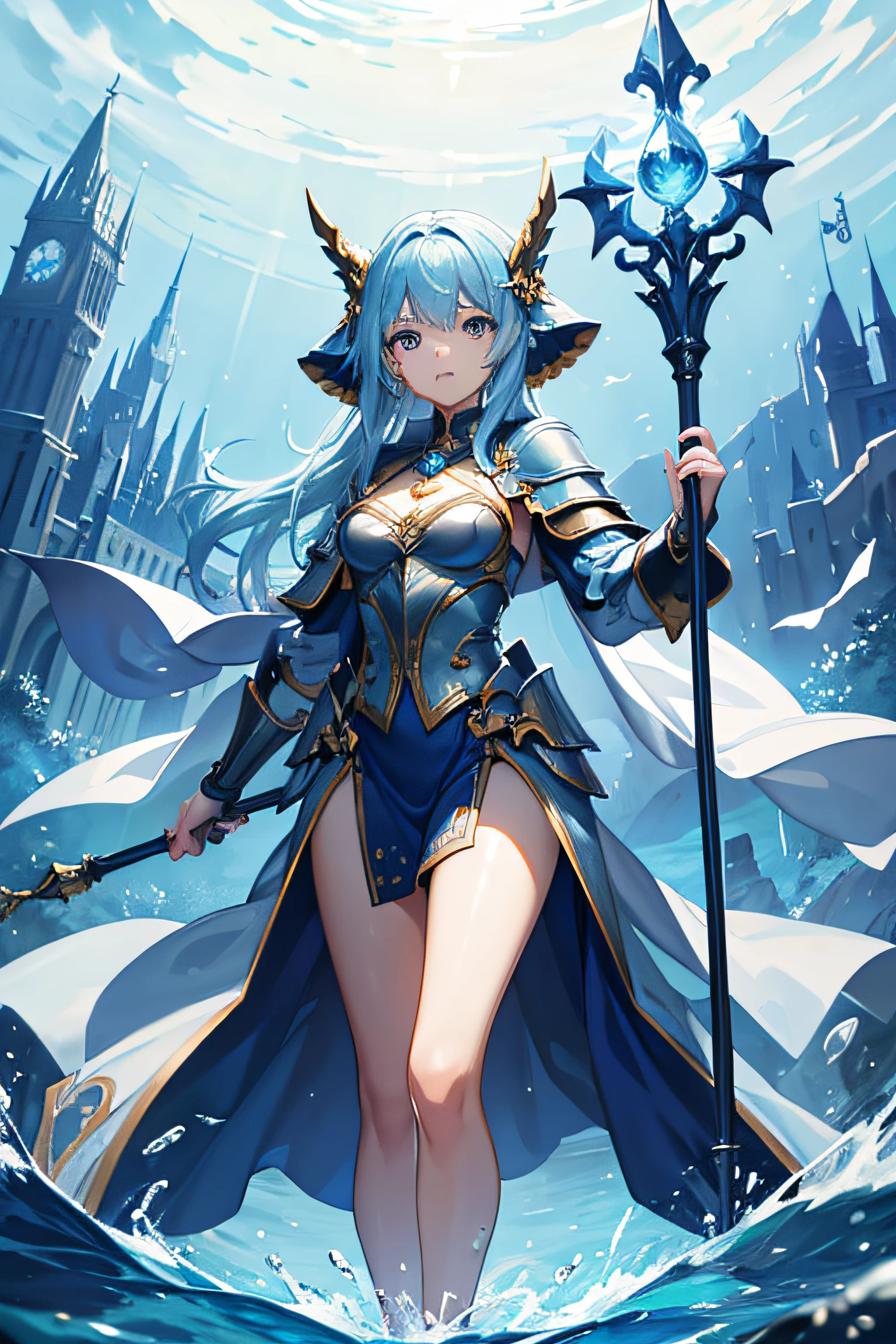 masterpiece, best quality, movie still, 1girl, water element, armor, robes, water, magic, spells, using the water element, staff