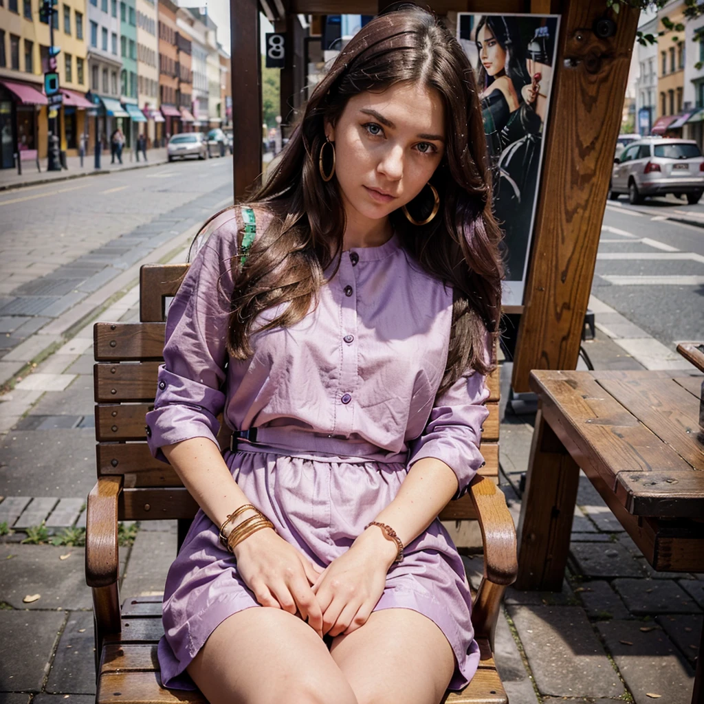 ((only one girl)), ((one girl)), Hanna, a 21 year old girl, 1.70 meters tall, weighs 49 kg, has very long and straight dark purple hair, has big green eyes, wears gold earrings and bracelets , always has a smartwatch on wrist, sitting on a wooden chair in a city square while having a portrait painted by a street artist, wearing a pink dress, ((hands in pockets)), ultra realistic style, (seed 3978045937)