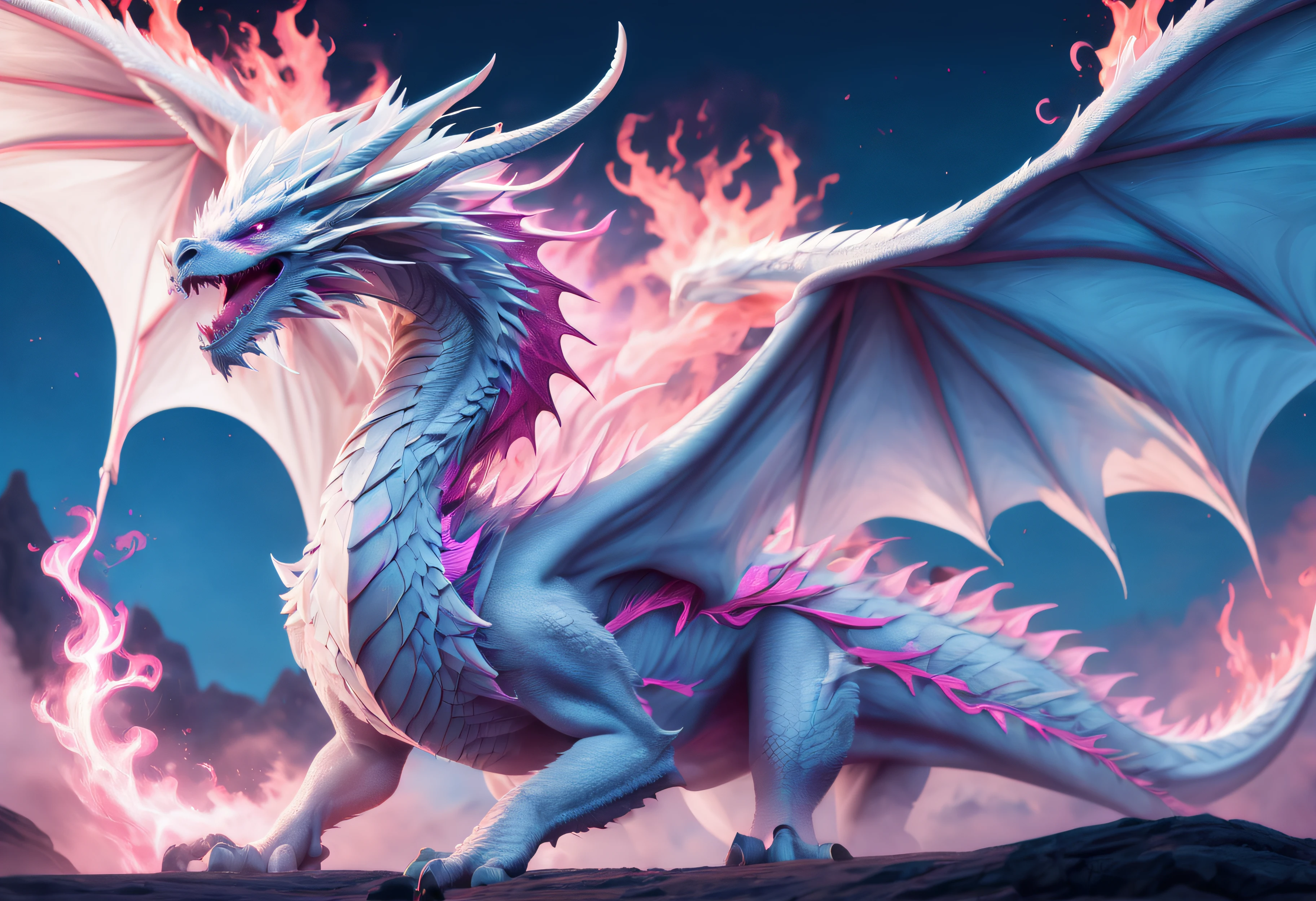 A white dragon with pink details, Asas Abertas, focus on the entire body and pink flames coming out of your mouth towards the glow, clear blue sky, chamas e fogo rosa