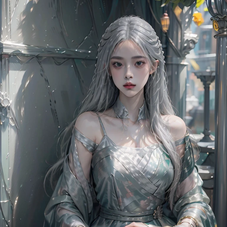 animemanga girl,Oil painting art style,Girl in the crowd,Silvery hair,Beautiful facial features,Euro-American style girl,Harry Potter fan art,Dark green and light gray style,animation aesthetics,Cool and elegant female figure,Focus focuack light,Artistic sense
