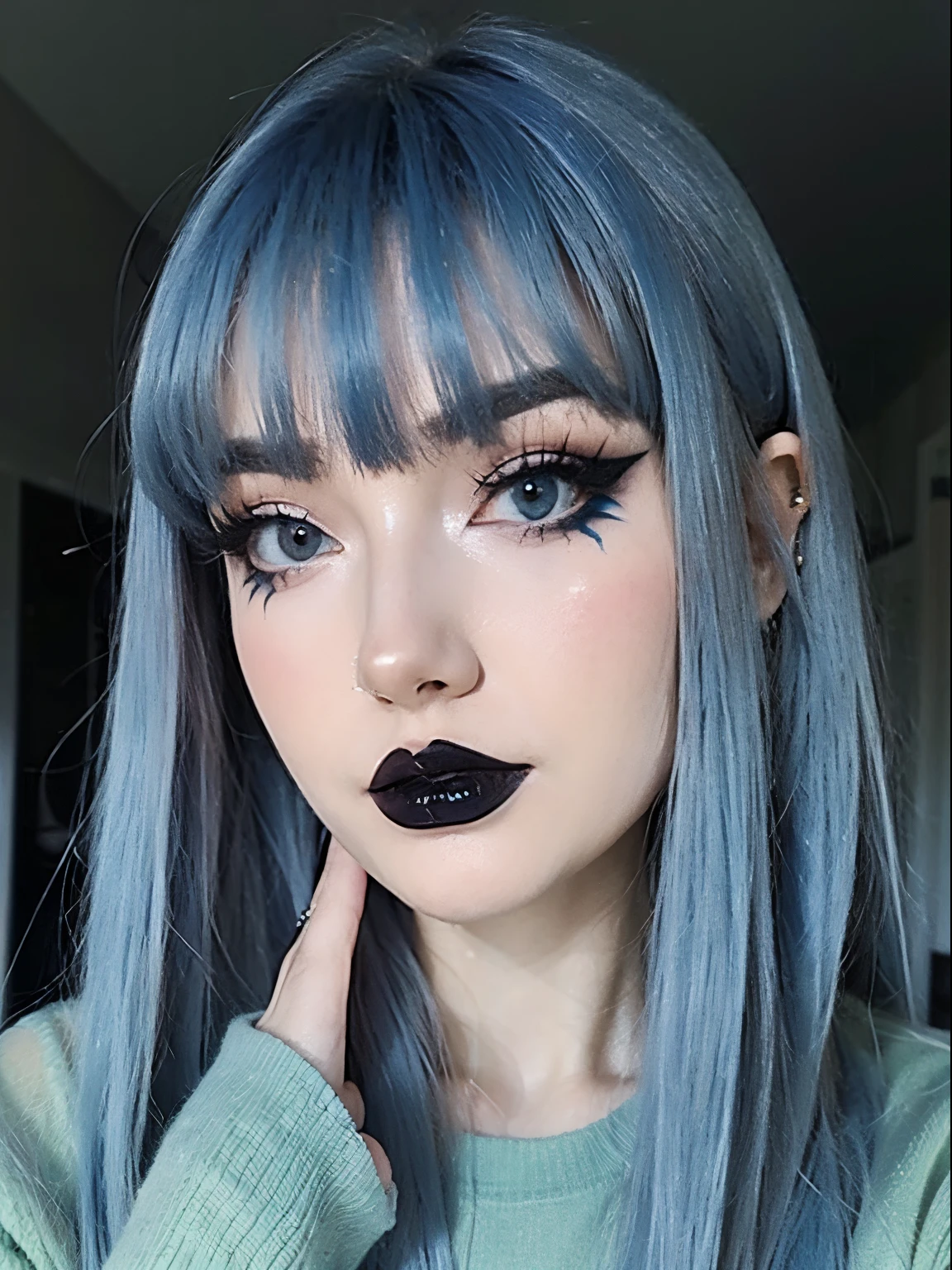 1girl, makeup, pale skin, blue hair, bangs, looking forward