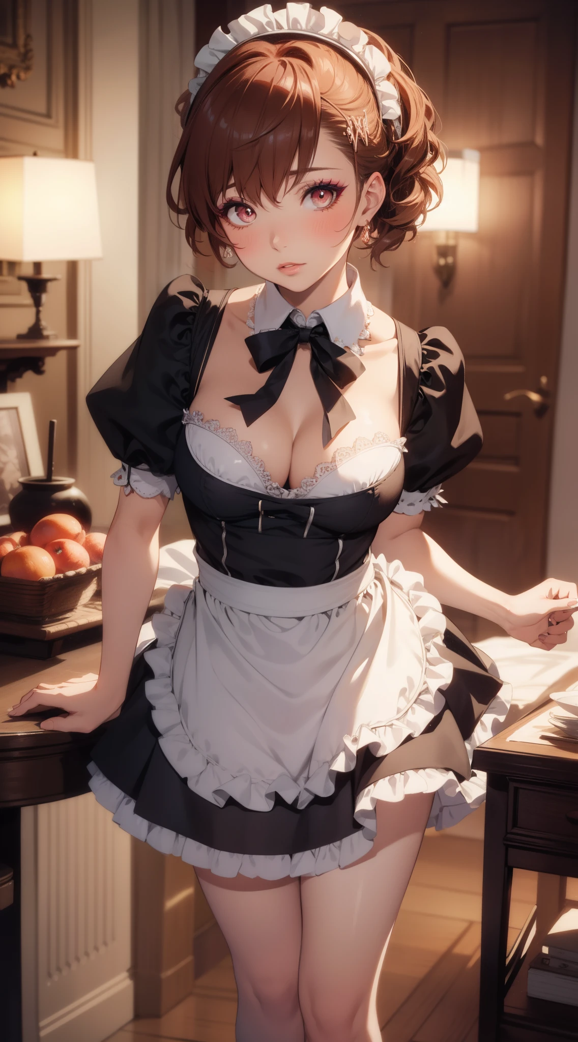 kotone, detailed lighting, beautiful, illustration, highly detailed, absurdres, looking at viewer, beautiful detailed eyes, makeup, glossy lips, lips parted, blush, city street, (maid), short puffy sleeves, cleavage, maid apron, high heels, leaning forward, bowing, own skirt lift, curtsy