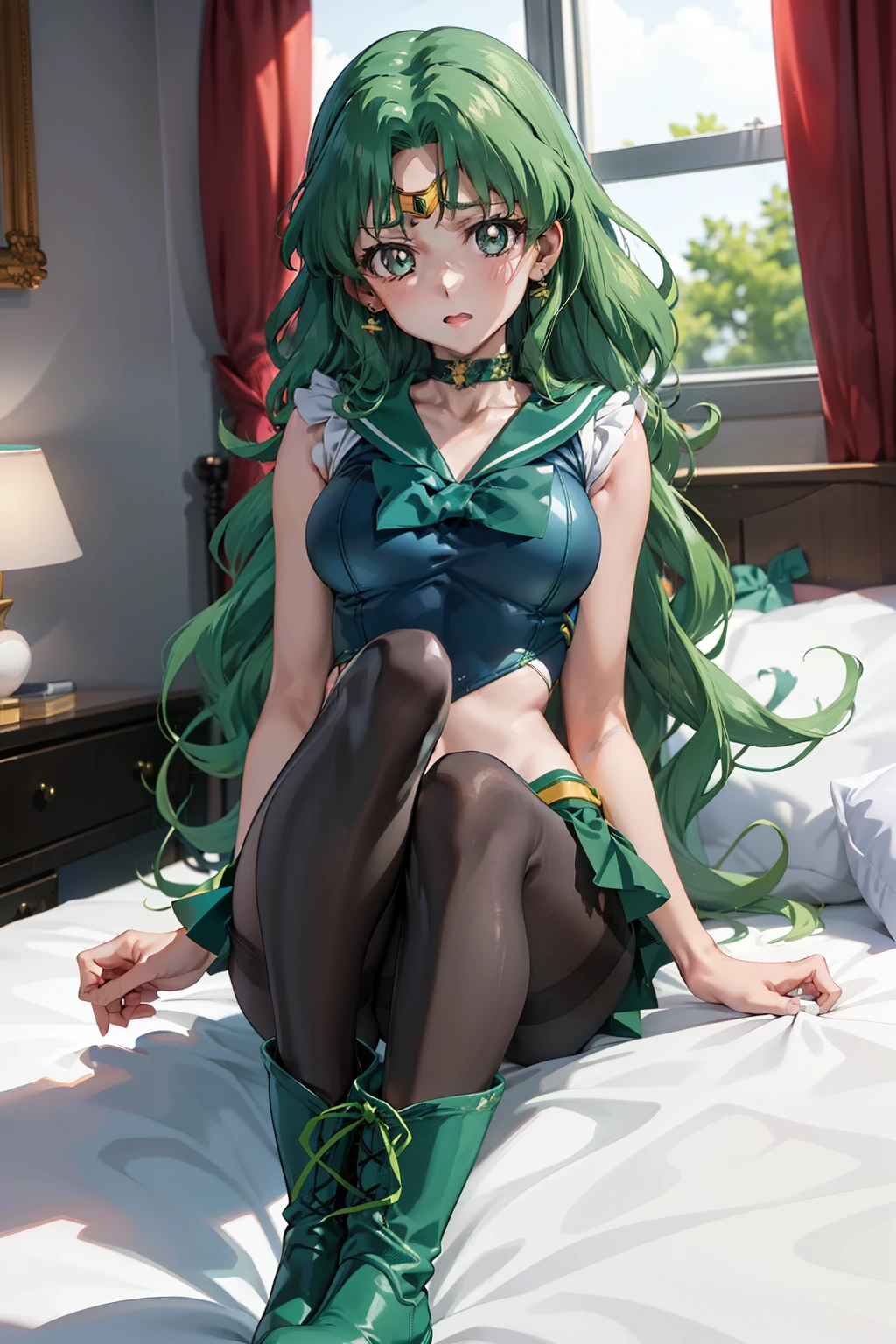 masutepiece, Best Quality, 1girl in, (Sailor Neptune),Green head hair, (Green eye:1.2),((Competitive swimsuit))、((long boots))、((pantyhose))、((Bedroom))、length hair、poneyTail、((embarassed expression))、((Bedrooms))、