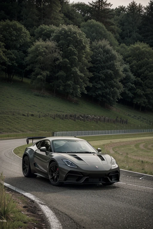 Photographic style of a sports car running at high speed, the dark gray track and the surrounding scenery, a field with undergrowth in high definition and clarity