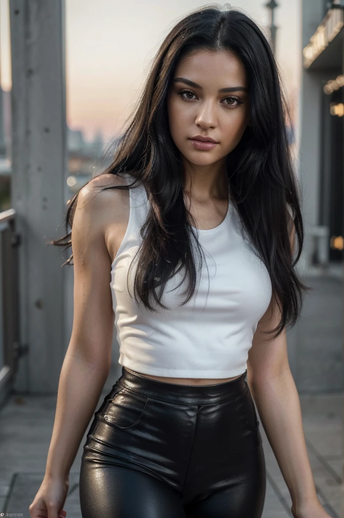 (best quality,4k,8k,highres,masterpiece:1.2),ultra-detailed,(realistic,photorealistic,photo-realistic:1.37),long black hair,confident expression,detailed eyes and face,detailed lips,beautiful detailed eyes,beautiful detailed lips,wearing black pants,wearing white tank top,wearing leather jacket,portraits,sunset lighting,vivid colors