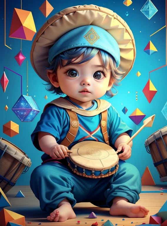 (cute baby boy playing a drum with a blue cap), Munchkin ,Geometric multidimensional wall portrait, livro de arte, Tchibi,
Yang08k, Beautiful, Colouring,
Obras, of the highest quality, best quality, Arte Oficial, Beautiful and Aesthetic,