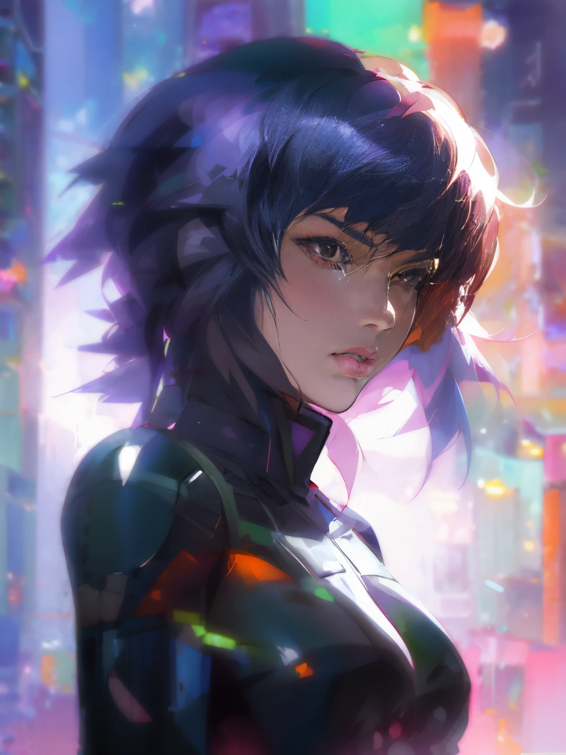 anime girl with purple hair and black leather outfit with brilliant highlights in a city, ghost in the shell art style, motoko kusanagi, ilya kuvshinov. 4 k, digital cyberpunk anime art, artstyle : ilya kuvshinov, ilya kuvshinov style, digital art ilya kuvshinov, artgerm and ilya kuvshinov