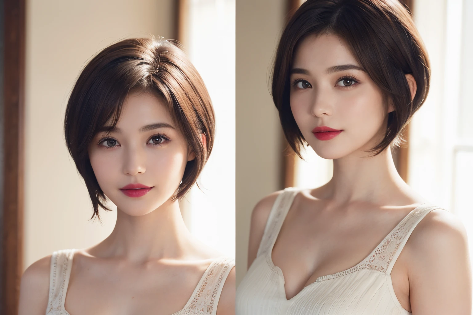 128
(a 20 yo woman, Standing), (A hyper-realistic), (high-level image quality), ((beautiful hairstyle 46)), ((short-hair:1.46)), (Gentle smile), (breasted:1.1), (lipsticks), (Large room), (Depth of field is deep), (Painterly)