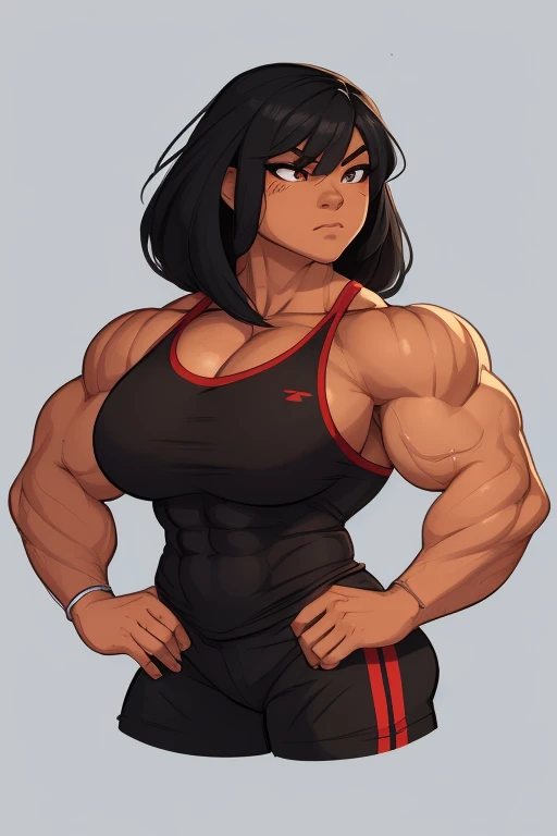 a striking Asian muscle woman with an imposing presence with facial features that are bold and determined, complemented by intense eyes that reflect both confidence and a hint of mischief. flexing muscles wearing red muscle shirt and black short shorts, her hair straight, jet-black flowing down her back, adding to the dynamic aura she carries, muscle woman, big muscles, huge muscles, massive muscles, muscle girl, light skin,