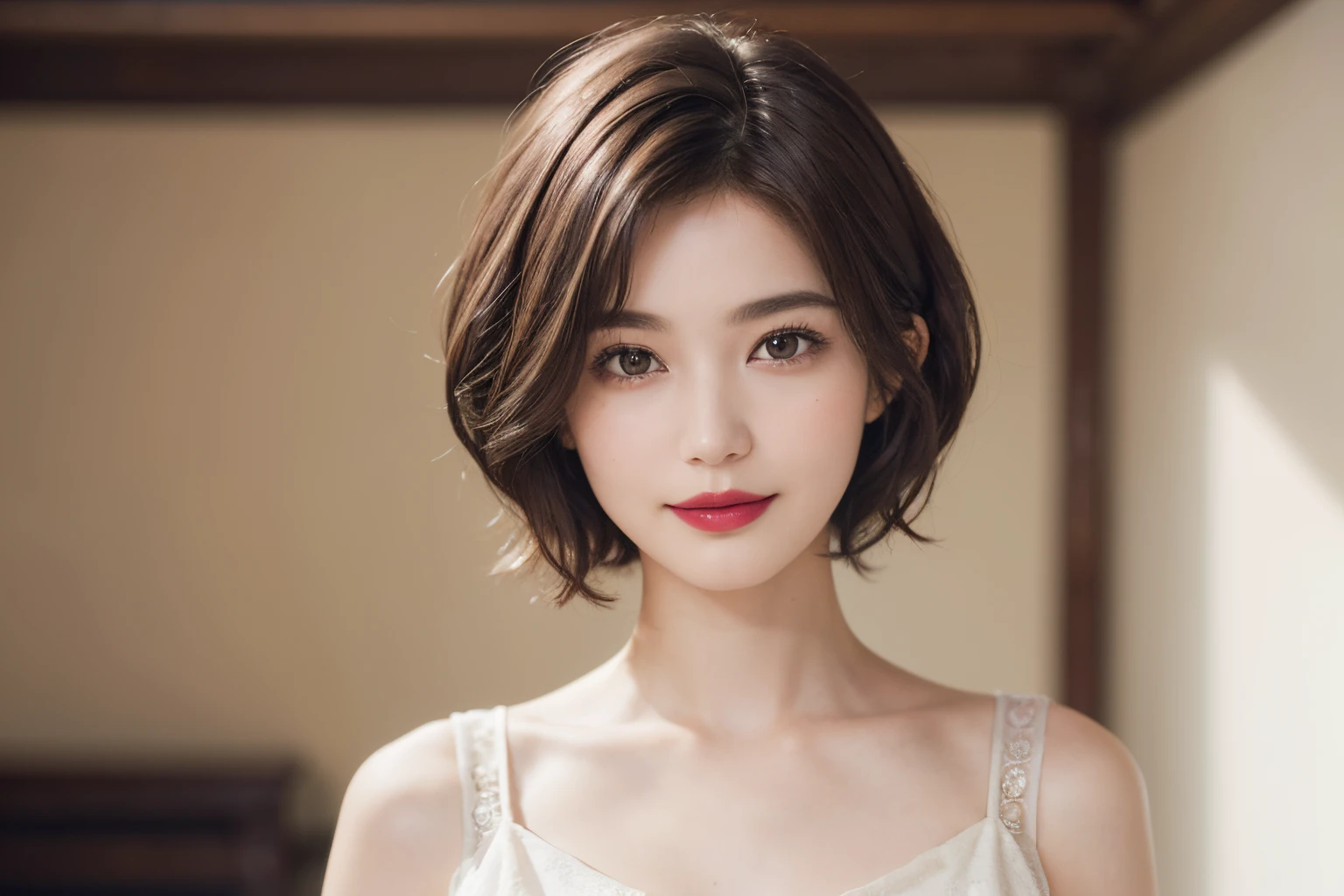 128
(a 20 yo woman, Standing), (A hyper-realistic), (high-level image quality), ((beautiful hairstyle 46)), ((short-hair:1.46)), (Gentle smile), (breasted:1.1), (lipsticks), (Large room), (Depth of field is deep), (Painterly)