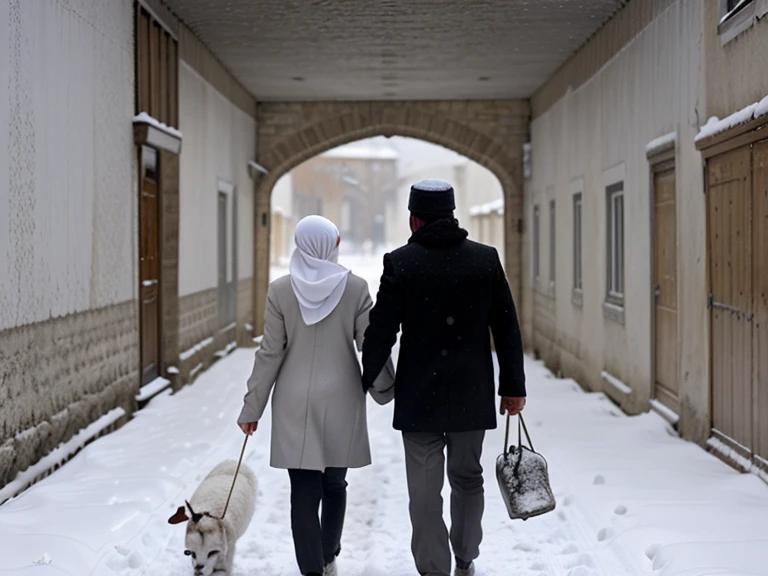 Un couple musulman qui marche dans une ruelle pleine de neige