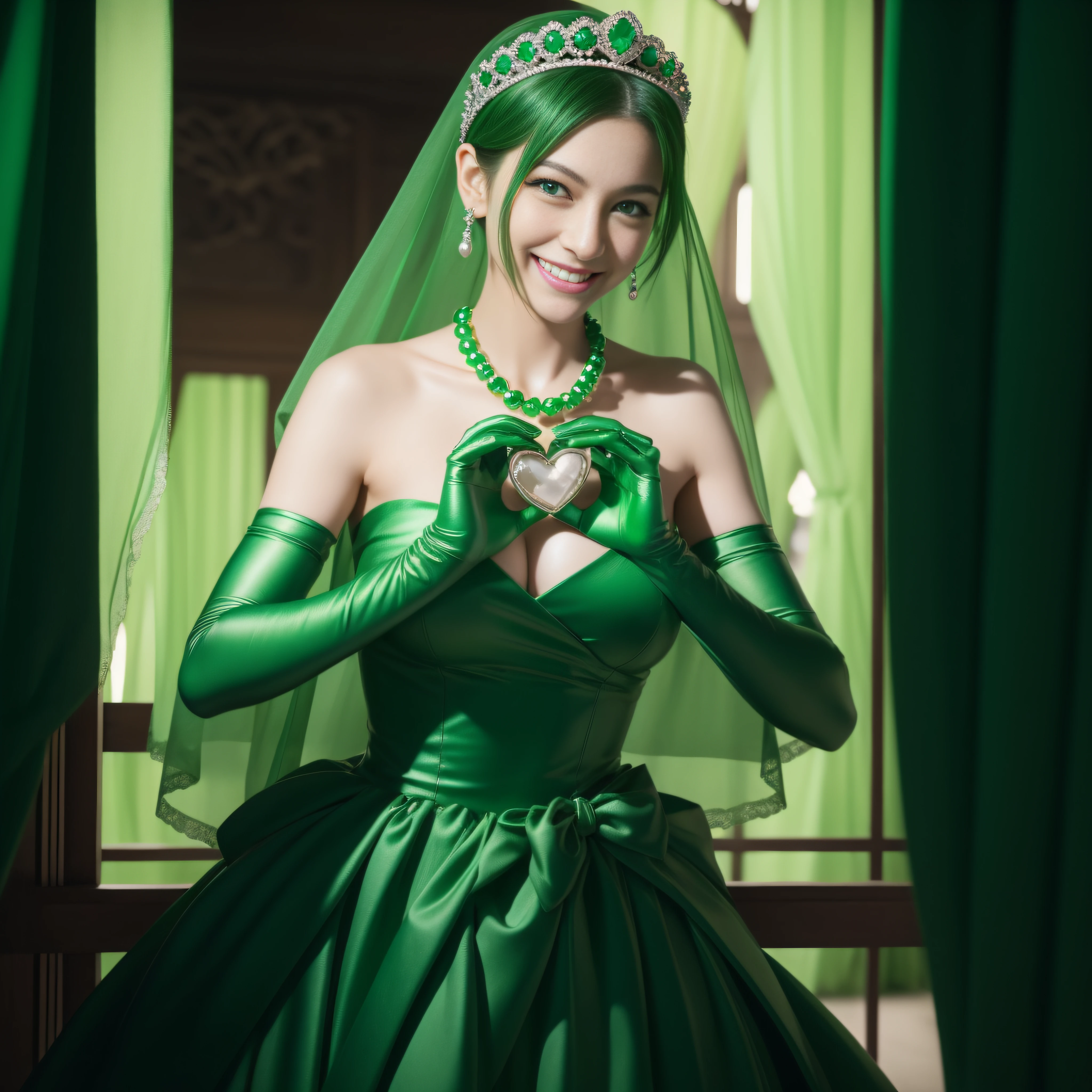 emerald tiara, Green Pearl Necklace, Boyish very short green hair, lipsticks, Japan woman smiling, very short short hair,  big breasts beautiful, Green eyes, Long green gloves made of satin material, Green eyes, Emerald Earrings, green vale, Heart with both hands