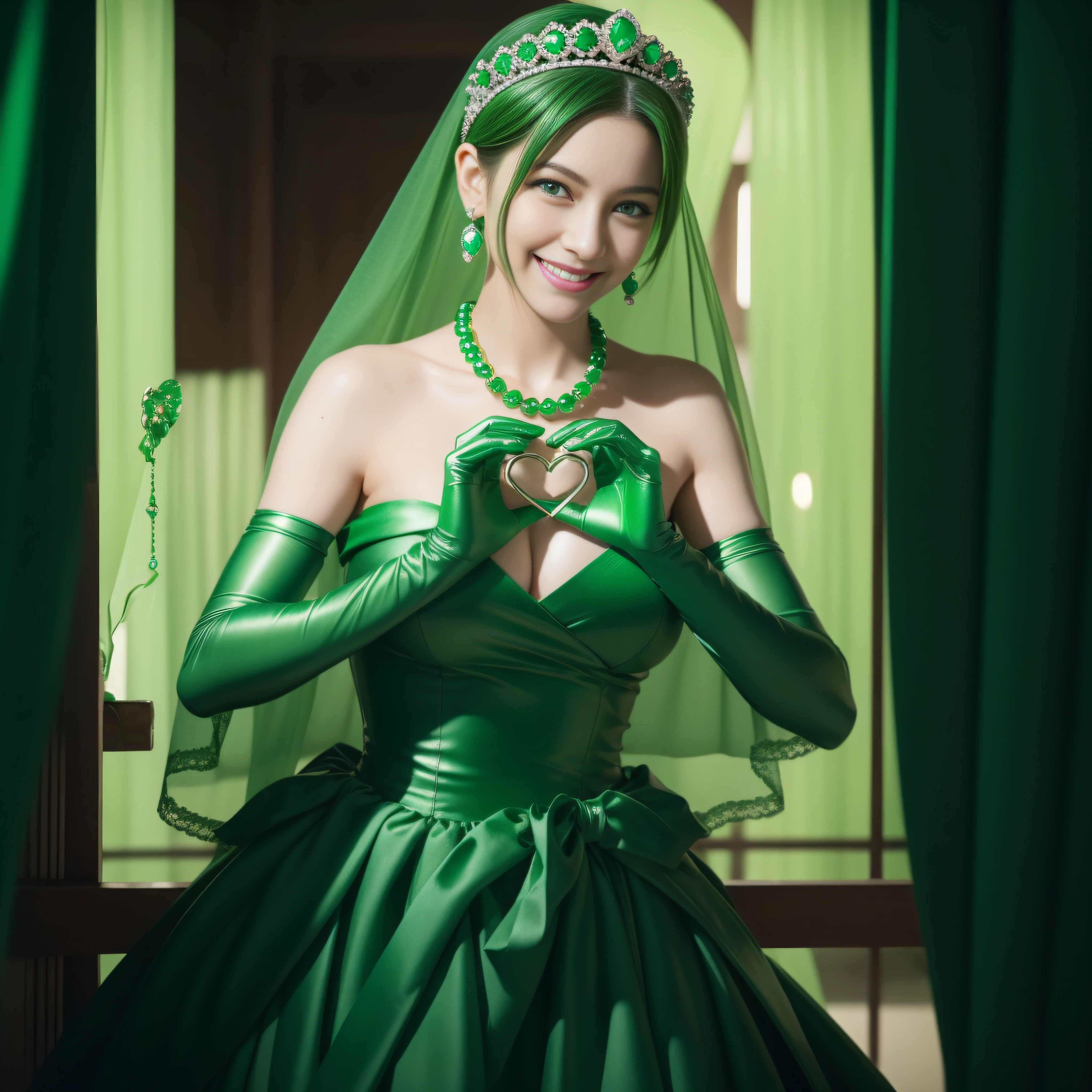 emerald tiara, Green Pearl Necklace, Boyish very short green hair, lipsticks, Japan woman smiling, very short short hair, big breasts beautiful, Green eyes, Long green gloves made of satin material, Green eyes, Emerald Earrings, green vale, Heart with both hands