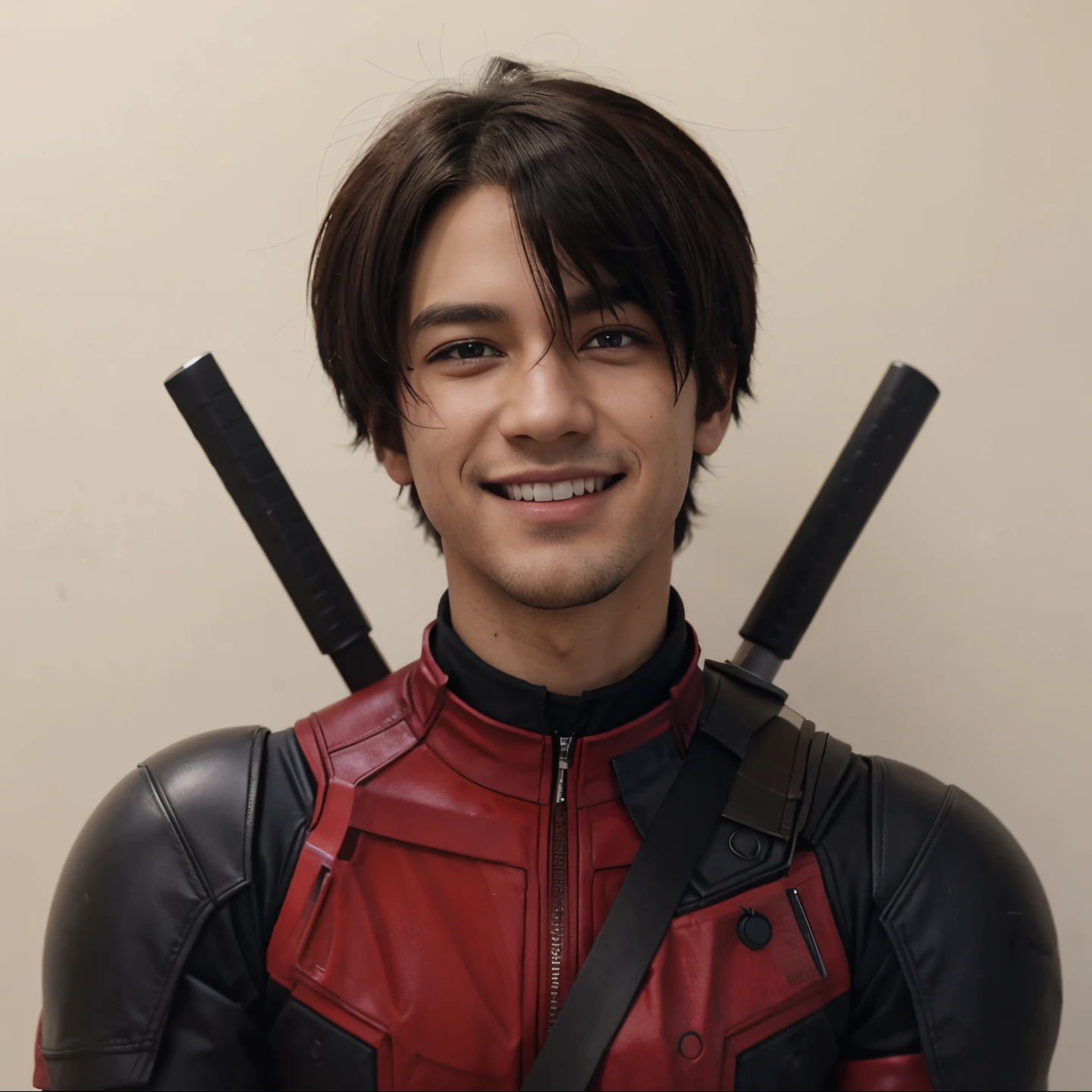 master part, best quality, {best quality}, {{master part}}, {Altas}, foco, estilo anime, um closeup de um desenho animado de um homem, retrato, Giesha, imagem de anime, cabelo preto, uniforme do deadpool, sorriso.