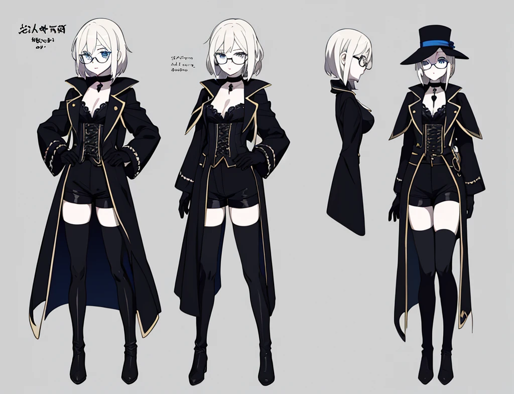 Anime reference sheet, pale skin woman with rounded glasses and white medium length hair and blue eyes, Victorian black outfit and long black boots, wearing black shorts and black thigh-high socks and black gloves and a moon choker around the neck, and a black long coat