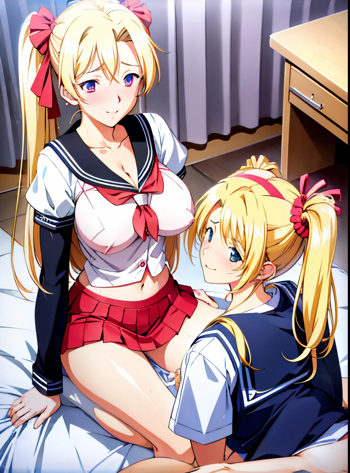 Anime image of a woman in a sailor suit sitting on the bed next to a young girl, Ecchi anime style, Twin-tailed, Ecchi, Ecchi style, Anime Girls, oppai, kinmoza!, two beautiful anime girls, High school dxd, ( ( misa amane # ) ), High resolution!!, Seductive Anime Girl, Rei Hiroe, Rin