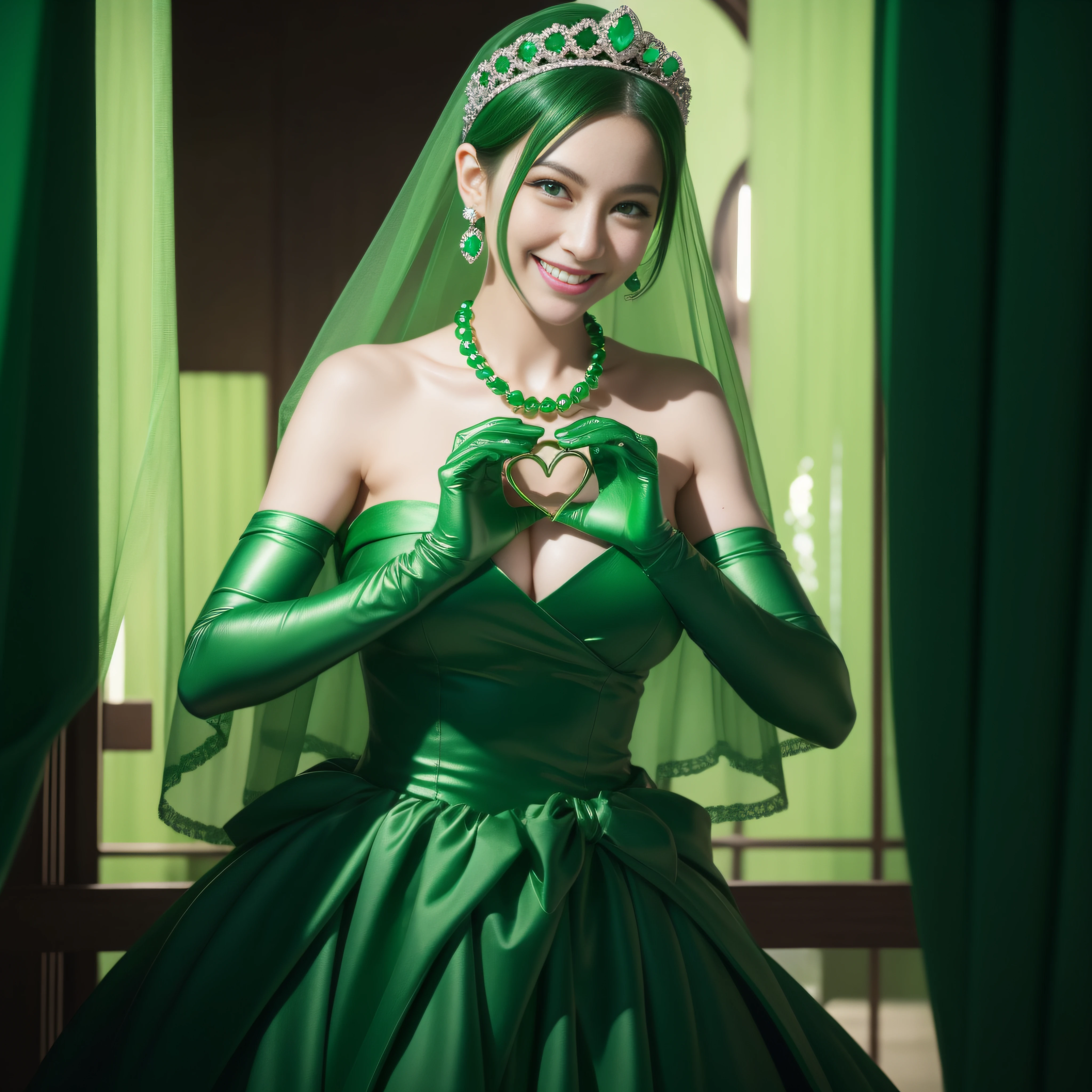 emerald tiara, Green Pearl Necklace, Boyish very short green hair, lipsticks, Japan woman smiling, very short short hair, big breasts beautiful, Green eyes, Long green gloves made of satin material, Green eyes, Emerald Earrings, green vale, Heart with both hands