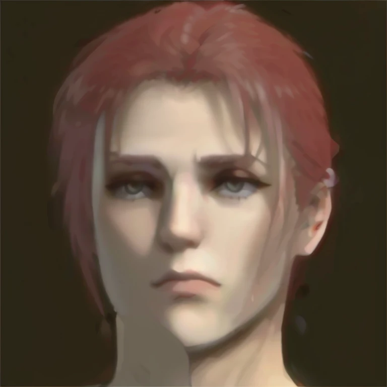un primer plano de una persona con cabello rojo y fondo negro, Cara de Final Fantasy, Kakyoin, Yayoi Kasuma, Personaje de Final Fantasy, Ealistic sombreado Perfect Face, mullet, attractive androgynous humanoid, androgynous face, Primer plano del personaje, Supermodelo en Silent Hill, Johan Liebert mezclado con Dante, Cara restaurada realista