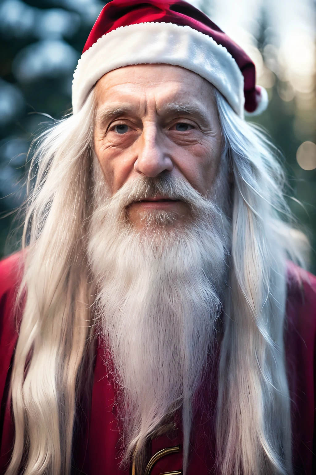 An elder with a long beard and white hair, with a serene face wrinkles, looking producing, body older weak, skinny bones hairy, body naked, his shirt was open to reveal his stomach wrinkles older hairy weak and chest, arms legs neck hands feet skinny old and weak, Santa Claus hat, gloves and open coat,shy and blushed, Lying in the snow,snow lily,Closed eyes,master-piece,4K images,beste-Qualit