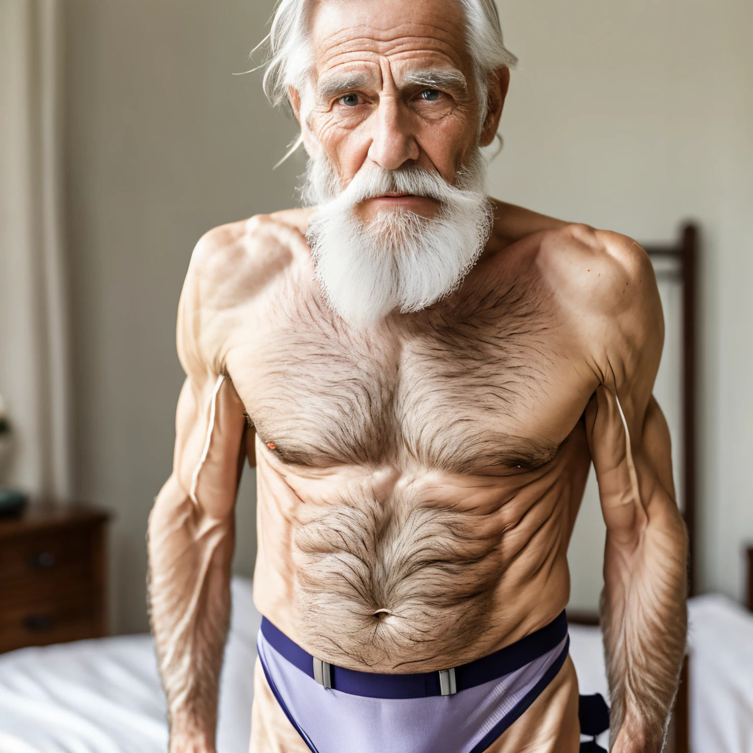 An elder with a beard and white hair, with a serene face wrinkles, looking producing, body older weak, skinny bones hairy, body naked with tie and socks and suspenders on bed