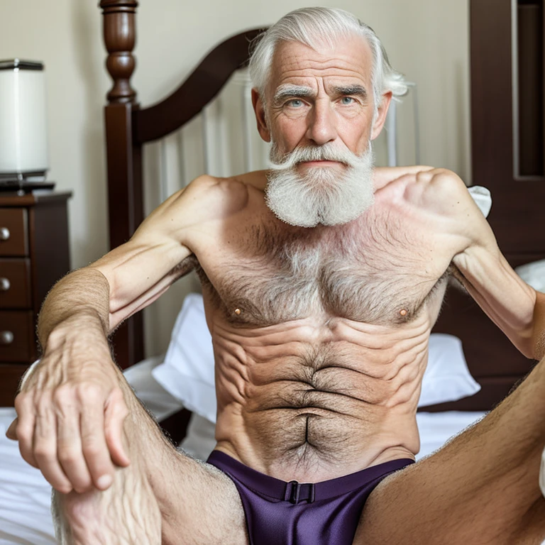 An elder with a beard and white hair, with a serene face wrinkles, looking producing, body older weak, skinny bones hairy, body naked with tie and socks and suspenders on bed