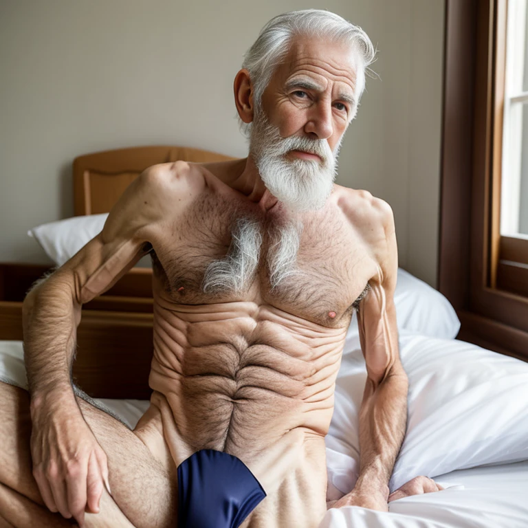 An elder with a beard and white hair, with a serene face wrinkles, looking producing, body older weak, skinny bones hairy, body naked with tie and socks and suspenders on bed