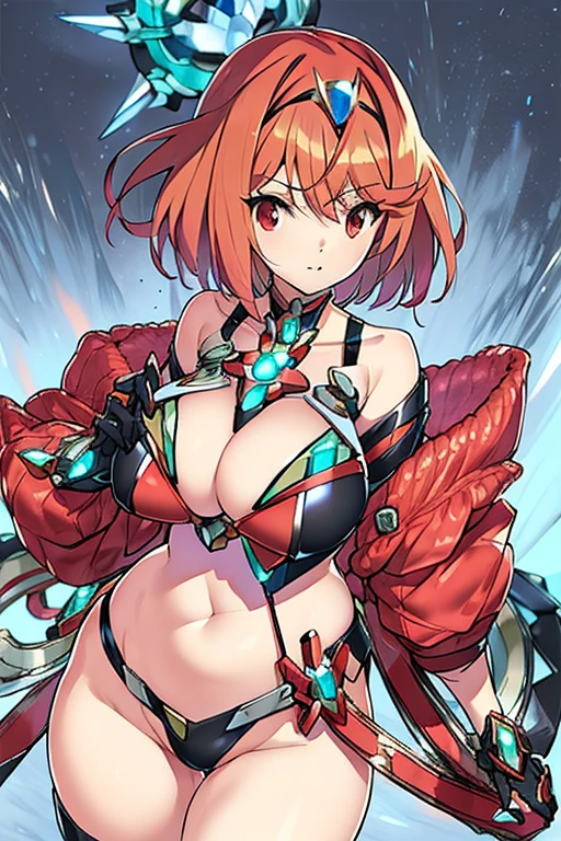 ​masterpiece, top-quality, 1girl in, pyra\(Xenoblade\), 1girl in, s Armor, bangss, breastsout, Akame, Mouth closed, 耳环, Eye lashes, Floating hair, Framed chest, Pedras preciosas, gloves, hair adornments, head piece, jewely,, Lean, , , the pose, Red-haired, Masatsugu Saito, short-hair, side locks, Skin Tight, 独奏, Standing, swept bangs、thighs thighs thighs thighs、tiarra、Underbust、Xenoblade Chronicles\(Series\)、(Xenoblade Chronicles 2)、Homura、White background、Colossal tits、fullnude、nudde