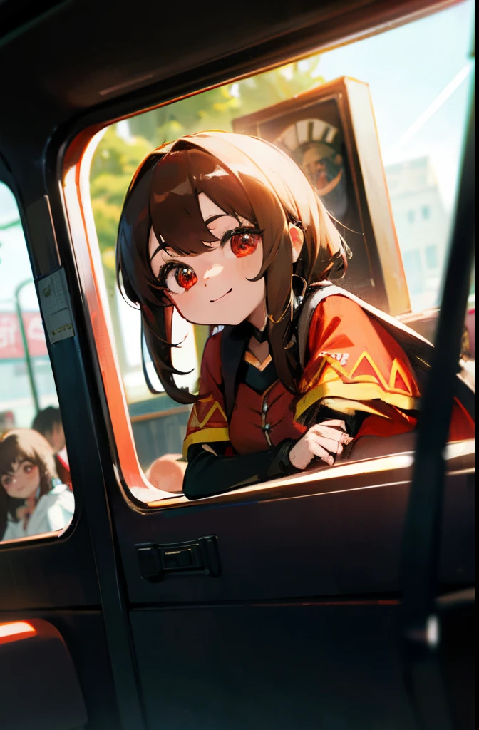 (Uma masterpie、A mais alta qualidade:1)、super detalhado、Cinematic lighting、bonde、Beautiful girls (Megumin)、Trem Chinchin、Passenger car、bonde、stay、timetable、ticket、brown hair、Rosto detalhado、lindo rosto, lindo olho (red eyes)、do lado、sunlight、corpo magro、Saco menor、sorriso bonito、Menina bonita com corpo inteiro、limpar rostos detalhados、 Clothes、sombras brilhantes、