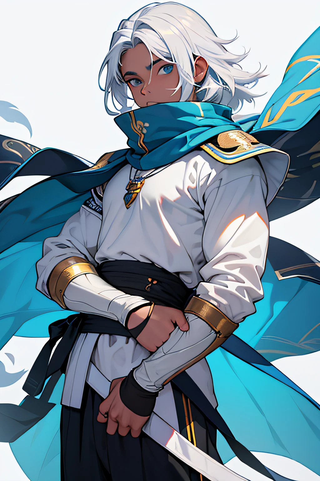 Um jovem de 20 anos, com pele parda, olhos amarelos e um cabelo branco que nem neve, ele tem uma estrutura de um jovem atleta, usando uma armadura leve e com um manto preto com azul celeste, hiding your appearance, em um mundo medieval