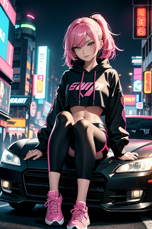 (masterpiece:1.2), best quality, realistic, 4K, beautiful detailed girl, perfect lighting, highly detailed, bright eyes, 2 girls, mature female, big breasts, :3, navel, black crop top hoodie, pink design on crop top hoodie, pink leggings, sneakers, sitting on car, crossed legs, full body, looking at viewer, outdoors, cyberpunk city, cyberpunk car, parking lot, neon lights, street art on walls, dark, dark atmosphere, garbage bin, night