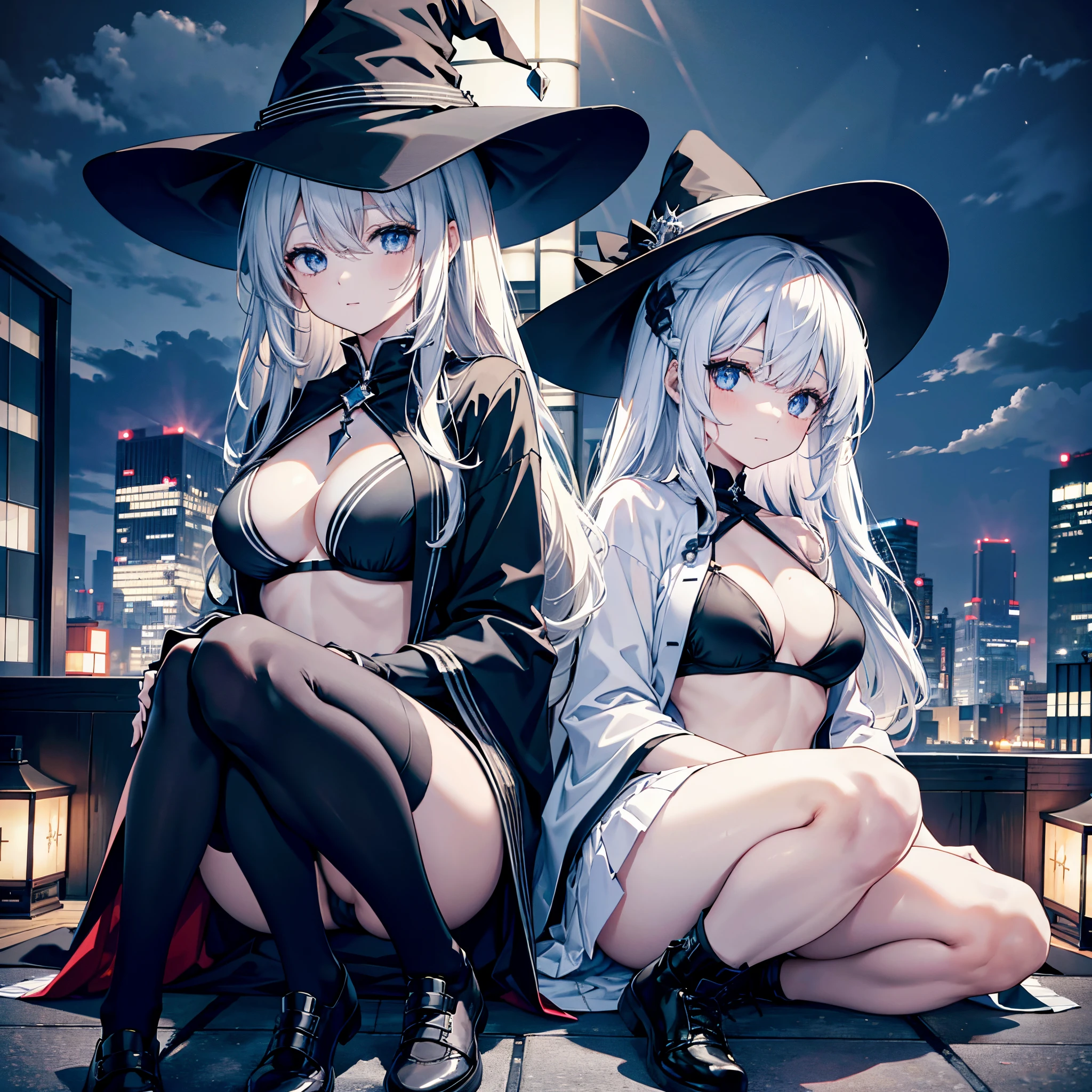 I'm on the roof of a building in Tokyo at midnight.、I can see the night view behind me、There is a night pool where you can see the night view.、There are two adult women A and B holding halberds、A has white hair and wears a large black witch hat with sapphire accessories.、B has dark brown hair and wears a large black witch hat with garnet accessories.、witch's hat、blue eyes、black wizard coat、White Bikini Bra、Black miniskirt、black sneakers with white laces、Black High Socks、Two-dimensional illustration、Japan Anime、drawn by Japanese ilastrator、high-level image quality、4K picture quality、High Quality、hight resolution、5 million pixels、high détails、beatiful backgrounds
