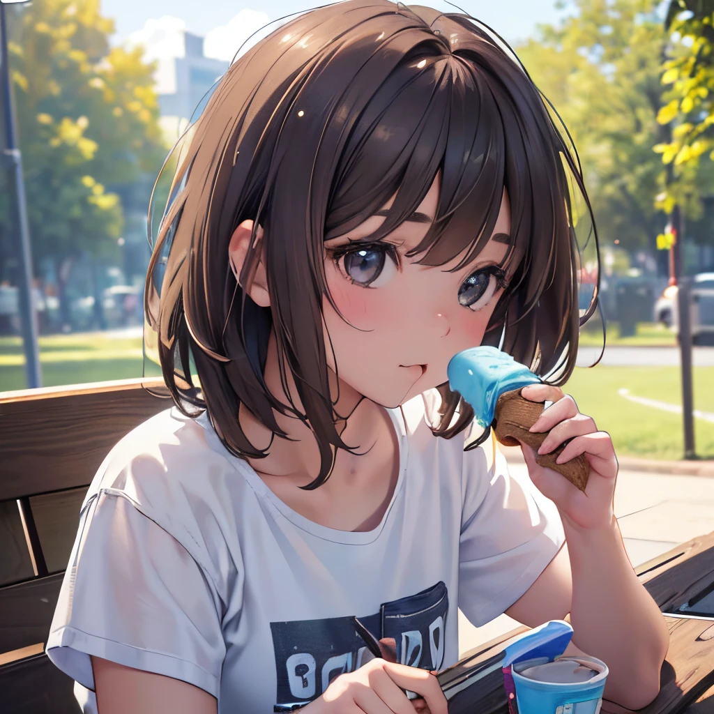 (girl:1.1),brown hair,gray eyes,wearing denim shorts,white t-shirt and socks,eating ice cream,in a park, (insert material), (additional details), (best quality,4k,8k,highres,masterpiece:1.2),ultra-detailed,(realistic,photorealistic,photo-realistic:1.37), (art style),(color palette), (lighting).