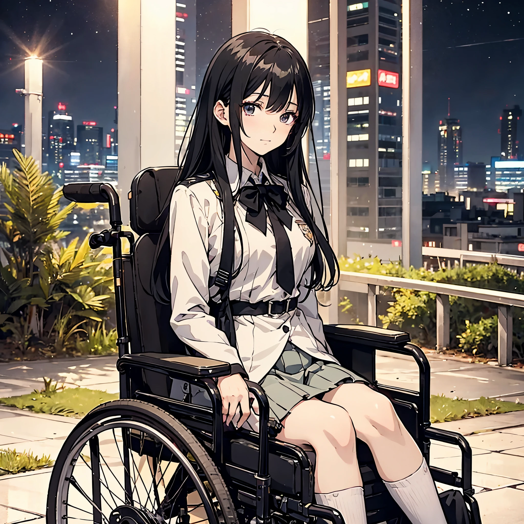 female with long black hair，A woman wearing a high school uniform sitting in a wheelchair（wheelchair 1.3）（Uniform 1.5）（Melancholy expression 1.5）（suspicious smile 1.6）（cast 1.5）（Background Night field hospital 1.5）（Full body display 1.5）（Girl 1.8）style of anime4 K，anime rendering，style of anime。in 8K，（Cinematic Lighting 1.5）（Master masterpieces：1.4）（Ultra High Definition1.5）（Best quality1.5）
