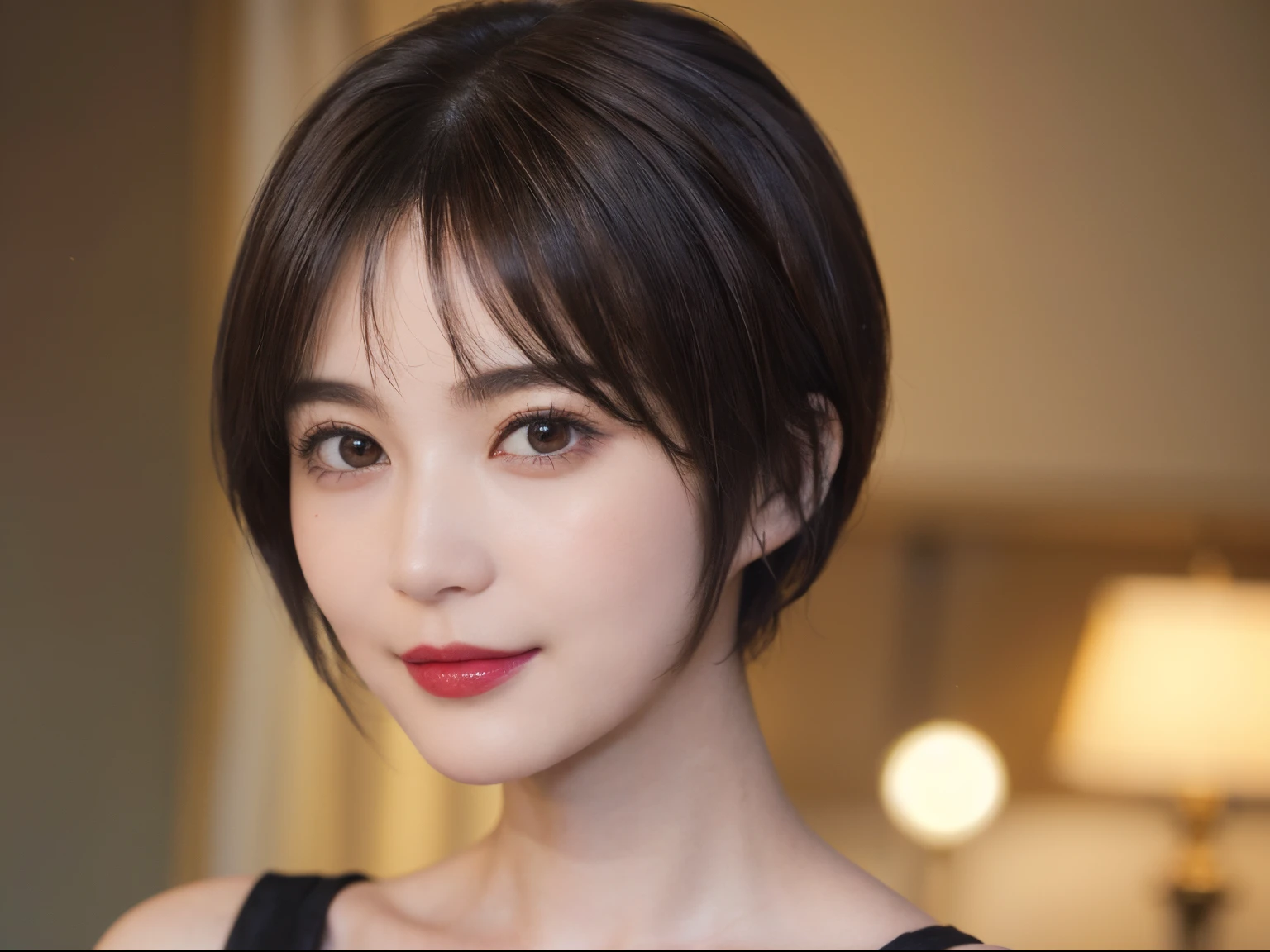 128
(a 20 yo woman, Standing), (A hyper-realistic), (high-level image quality), ((beautiful hairstyle 46)), ((short-hair:1.46)), (Gentle smile), (breasted:1.1), (lipsticks), (Large room), (Depth of field is deep), (Painterly)