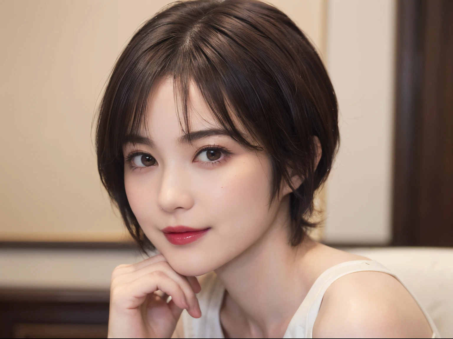 128
(a 20 yo woman, Standing), (A hyper-realistic), (high-level image quality), ((beautiful hairstyle 46)), ((short-hair:1.46)), (Gentle smile), (breasted:1.1), (lipsticks), (Large room), (Depth of field is deep), (Painterly)