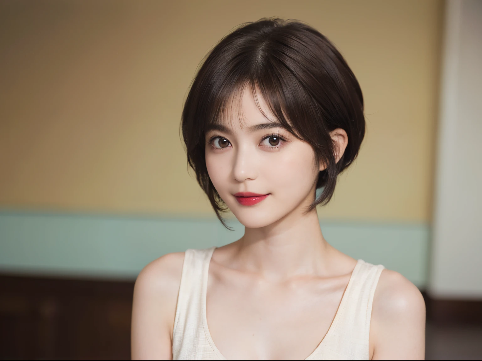 128
(a 20 yo woman, Standing), (A hyper-realistic), (high-level image quality), ((beautiful hairstyle 46)), ((short-hair:1.46)), (Gentle smile), (breasted:1.1), (lipsticks), (Large room), (Depth of field is deep), (Painterly)