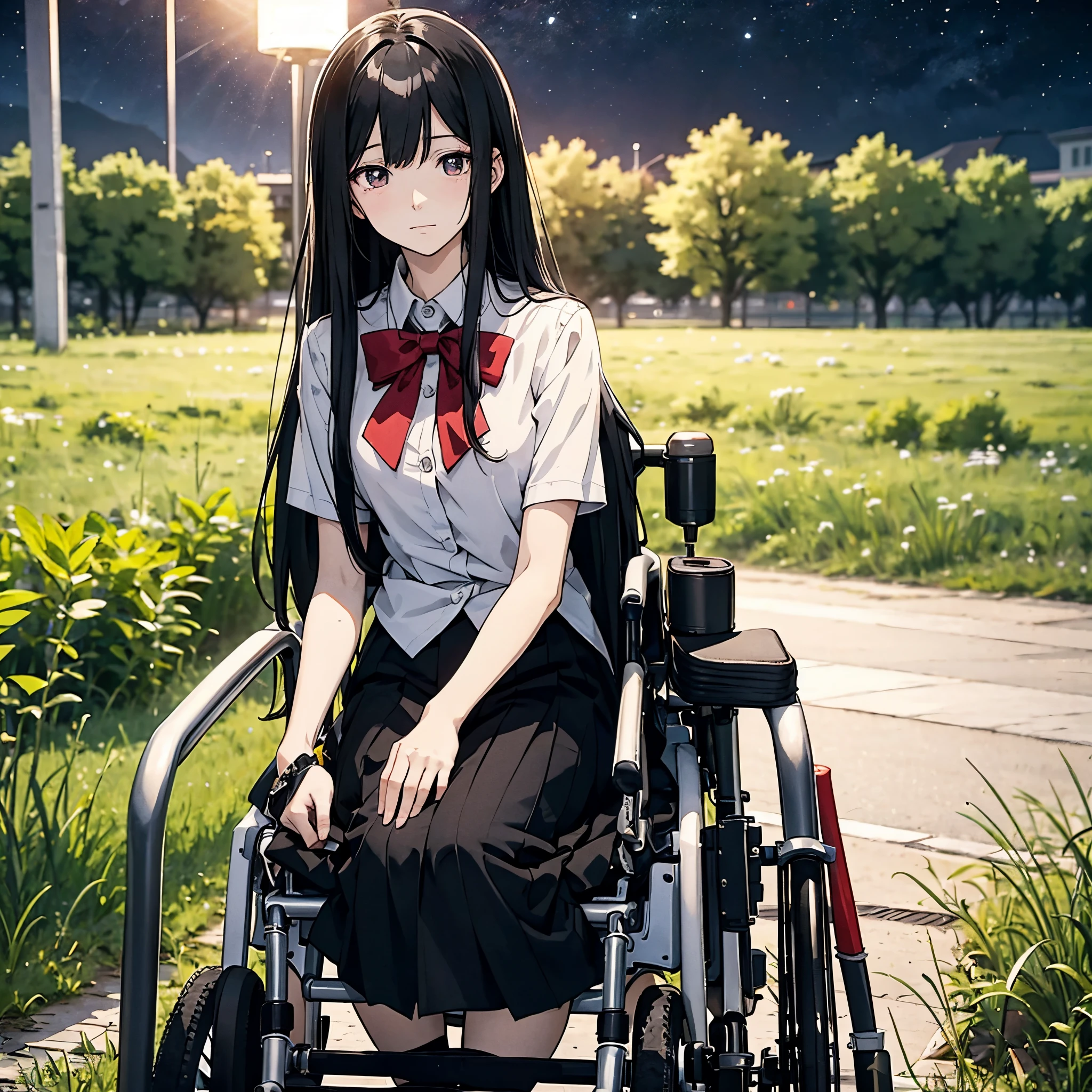 female with long black hair，A woman wearing a high school uniform sitting in a wheelchair（wheelchair 1.3）（Uniform 1.5）（Melancholy expression 1.5）（suspicious smile 1.6）（cast 1.5）（Background Night field hospital 1.5）（Full body display 1.5）（Girl 1.8）style of anime4 K，anime rendering，style of anime。in 8K，（Cinematic Lighting 1.5）（Master masterpieces：1.4）（Ultra High Definition1.5）（Best quality1.5）