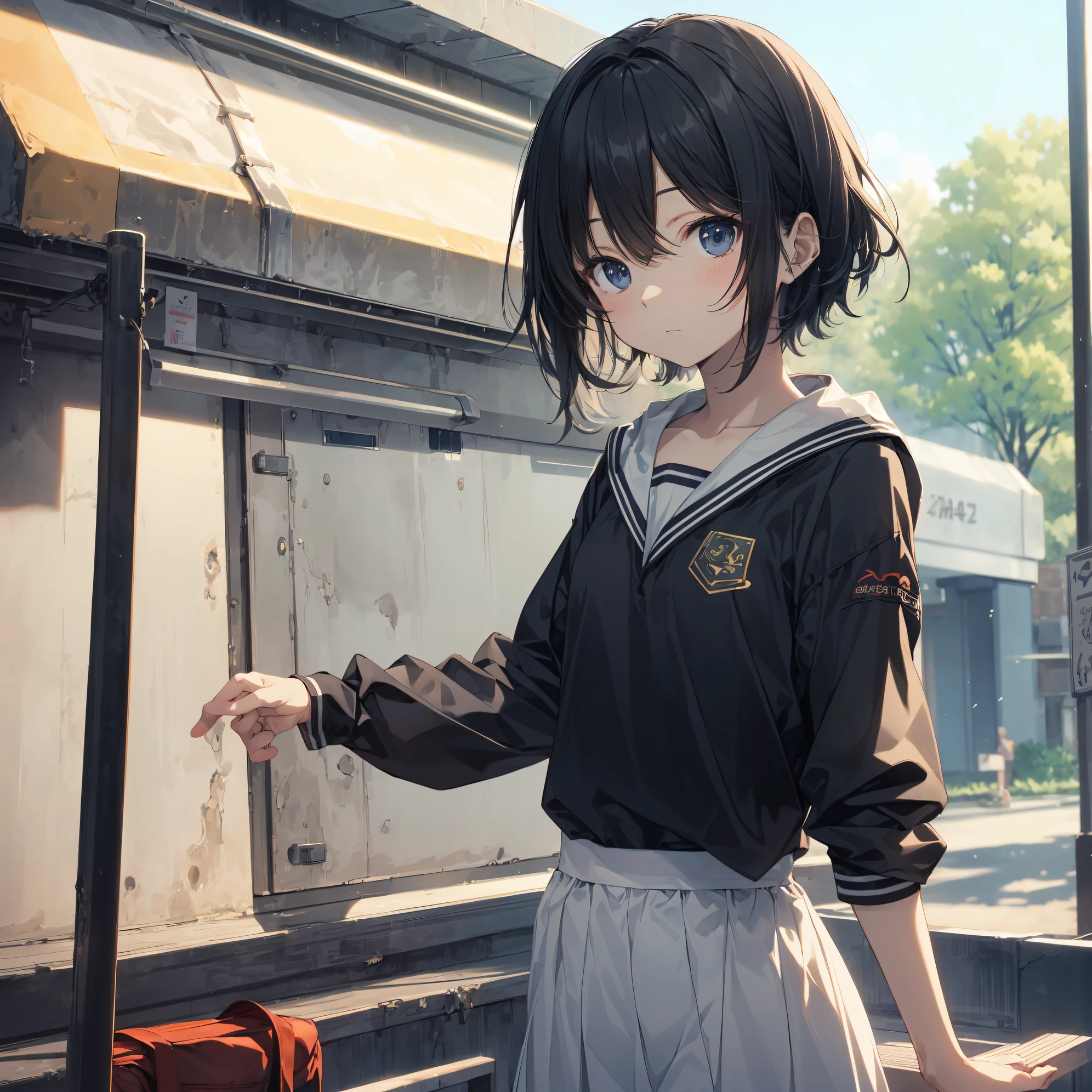 best god quality, Ultra-detailed, anime moe art style,Best Anime 8K Konachan Wallpapers,Pixiv Contest Winner,Perfect Anatomy, (Draw a girl sleepily walking to school. ),BREAK, 1girl is a cool beautiful girl, (Solo,Lori,child,13years:1.3),a junior high school student, Androgynous attraction, (Very short hair), hair messy,Forehead, Full limbs, complete fingers,flat chest, Small butt, groin, Small eyes,Beautiful detailed black eyes,Well-proportioned iris and pupils,disgusted eye, School uniform, Skirt,On the way to school. BREAK,High resolution,super detailed skin, Best lighting by professional AI, 8K Illustration,