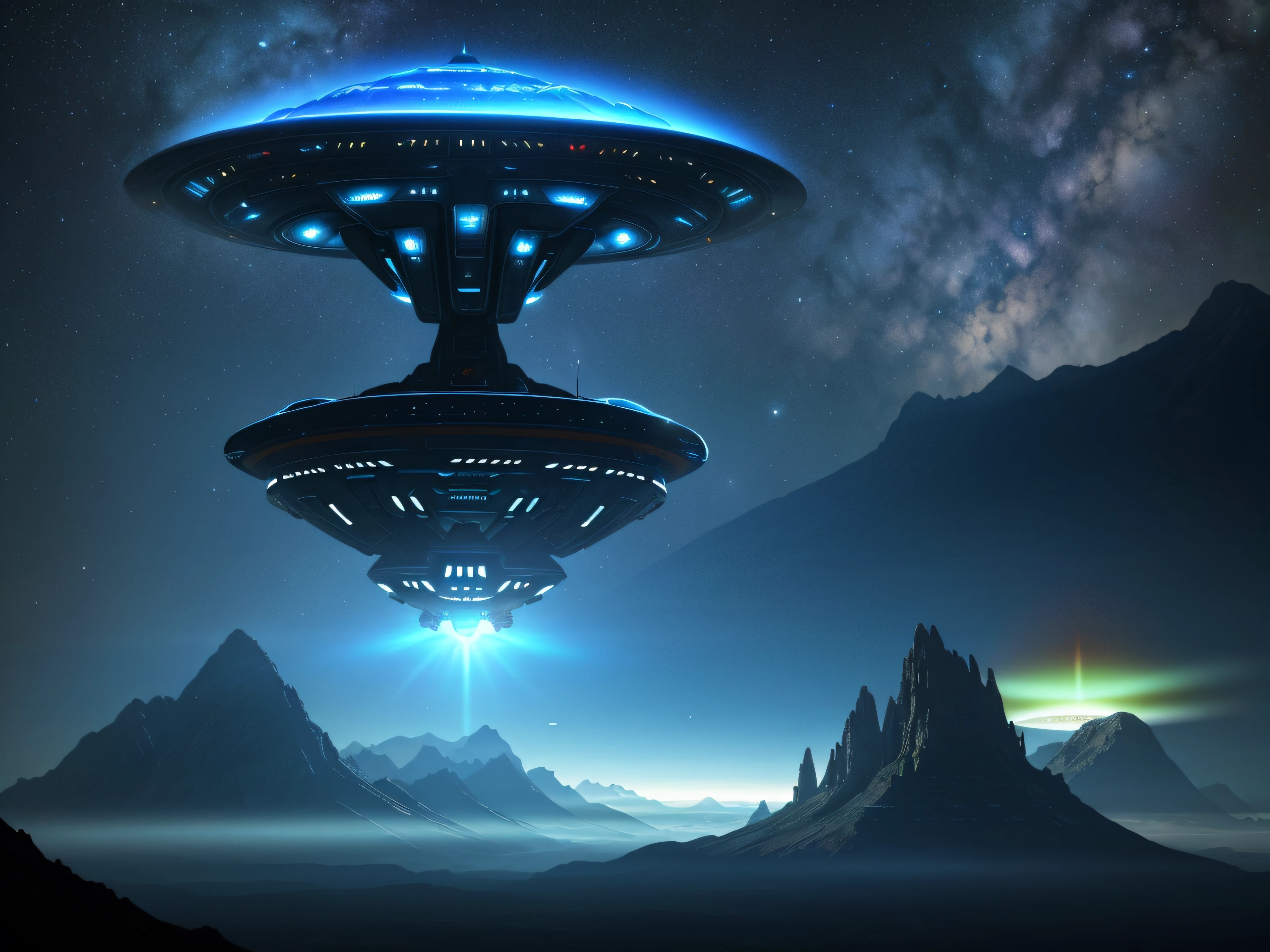 spaceship flying over a mountain with a valley in the background, alien mothership in the sky, alien spaceship in the sky, ufo landing, of a ufo propulsion , ufo attack, the ufo over the city, an intact ancient alien ship, ancient alien portal, depicted as a scifi scene, space ship above an island, alien space ship flying in space