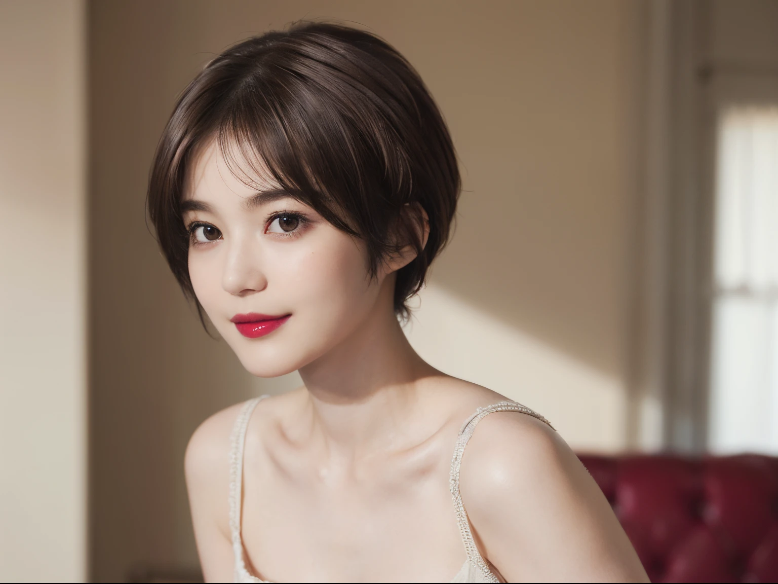 128
(a 20 yo woman, Standing), (A hyper-realistic), (high-level image quality), ((beautiful hairstyle 46)), ((short-hair:1.46)), (Gentle smile), (breasted:1.1), (lipsticks), (Large room), (Depth of field is deep), (Painterly)