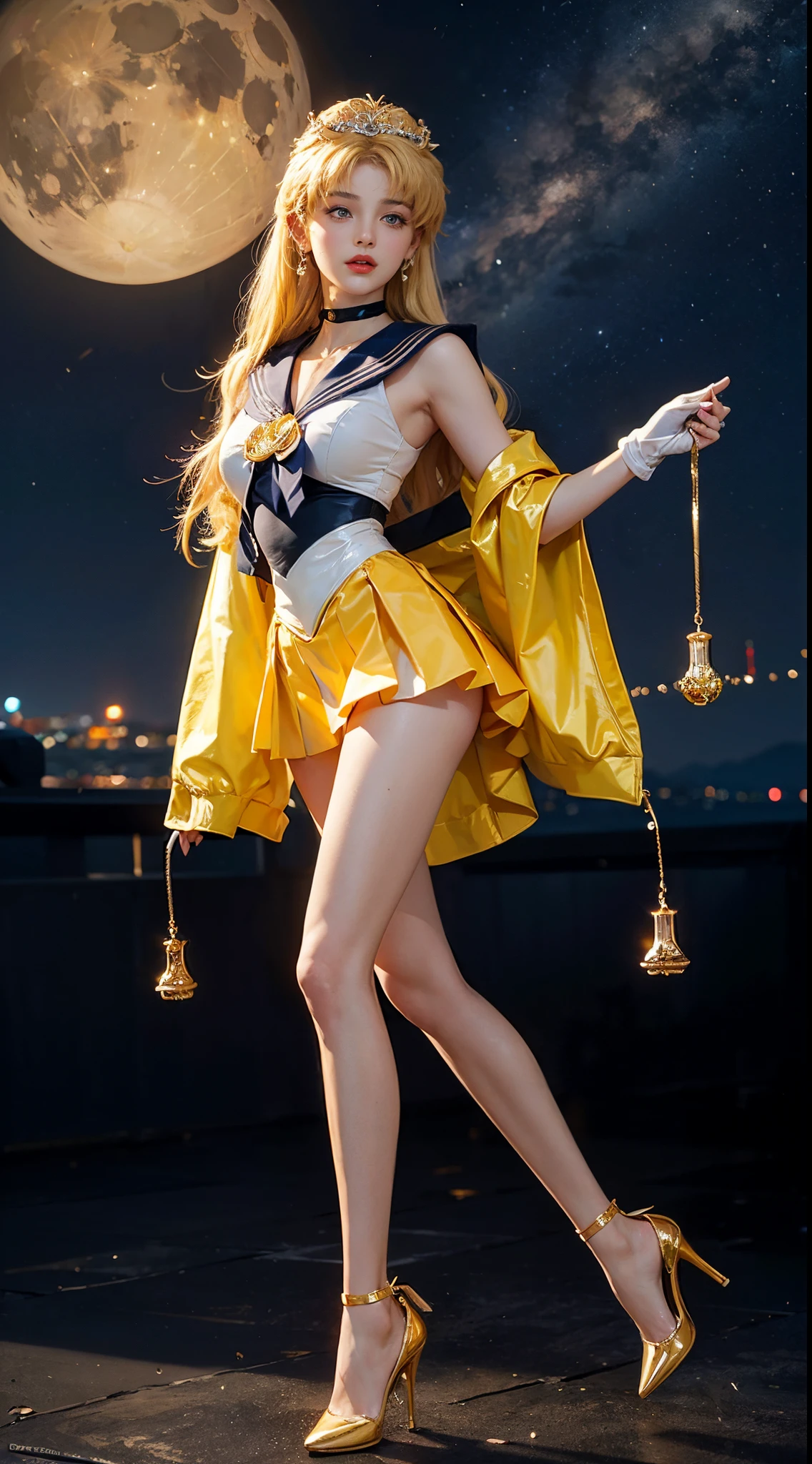 ((masterpiece:1.4)、(top-quality:1.4)、(reallistic:1.7))、masuter piece:1.4、a beauty girl、(Sailor Moon:1.4)、Tsukino Usagi、Body Fit Sexy Sailor Senshi Uniform、(latex shiny)、(The jacket is a white sleeveless sailor uniform.)、(Skirt Blue Sexy Ultra Ultra Pleated Mini Skirt)、There are two thin blue lines on the collar of the sailor uniform..、high leg swimsuit、Red cloth ornament at chest、(Wearing white gloves)、Kawaii Girl、Super beauty、foco nítido、Portrait photos、(Perfect female body:1.4)、perfectly proportions、Full body shooting:1.4、美丽的面容、beautidful eyes、Narrow waist、beauty legs、(yellow hair:1.4)、(length hair:1.2)、Beautiful udder、large full breasts:1.2、Sexy ass、Raw photo、red-lips、Red high heels:1.4、a choker:1.4、a necklace:1.4、耳环:1.4、Luxurious Golden Tiara:1.4、1 screen display、a moon、kosmos、spaceships、A space station、City of the Future
