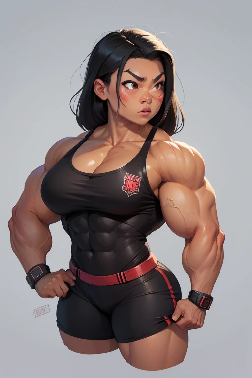a striking Asian muscle woman with an imposing presence with facial features that are bold and determined, complemented by intense eyes that reflect both confidence and a hint of mischief. flexing muscles wearing red muscle shirt and black short shorts, her hair straight, jet-black flowing down her back, adding to the dynamic aura she carries, muscle woman, big muscles, huge muscles, massive muscles, muscle girl, light skin,
