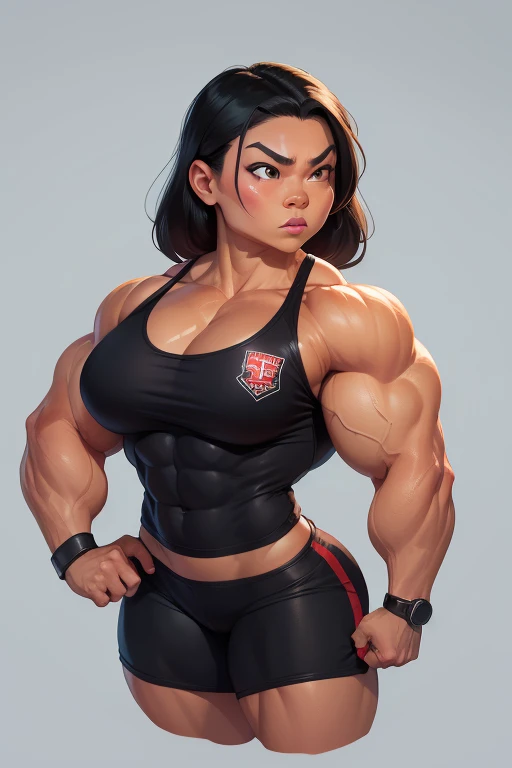 a striking Asian muscle woman with an imposing presence with facial features that are bold and determined, complemented by intense eyes that reflect both confidence and a hint of mischief. flexing muscles wearing red muscle shirt and black short shorts, her hair straight, jet-black flowing down her back, adding to the dynamic aura she carries, muscle woman, big muscles, huge muscles, massive muscles, muscle girl, light skin,