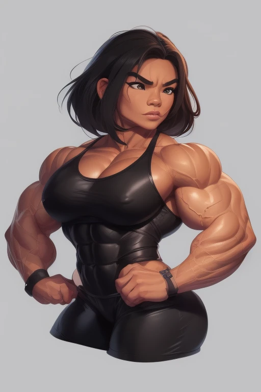 a striking Asian muscle woman with an imposing presence with facial features that are bold and determined, complemented by intense eyes that reflect both confidence and a hint of mischief. flexing muscles wearing red muscle shirt and black short shorts, her hair straight, jet-black flowing down her back, adding to the dynamic aura she carries, muscle woman, big muscles, huge muscles, massive muscles, muscle girl, light skin,