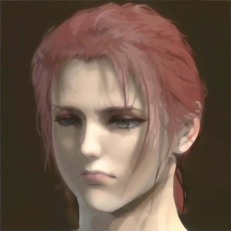 un primer plano de una persona con cabello rojo y fondo negro, Cara de Final Fantasy, Kakyoin, Yayoi Kasuma, Personaje de Final Fantasy, Ealistic sombreado Perfect Face, mullet, attractive androgynous humanoid, androgynous face, Primer plano del personaje, Supermodelo en Silent Hill, Johan Liebert mezclado con Dante, Cara restaurada realista