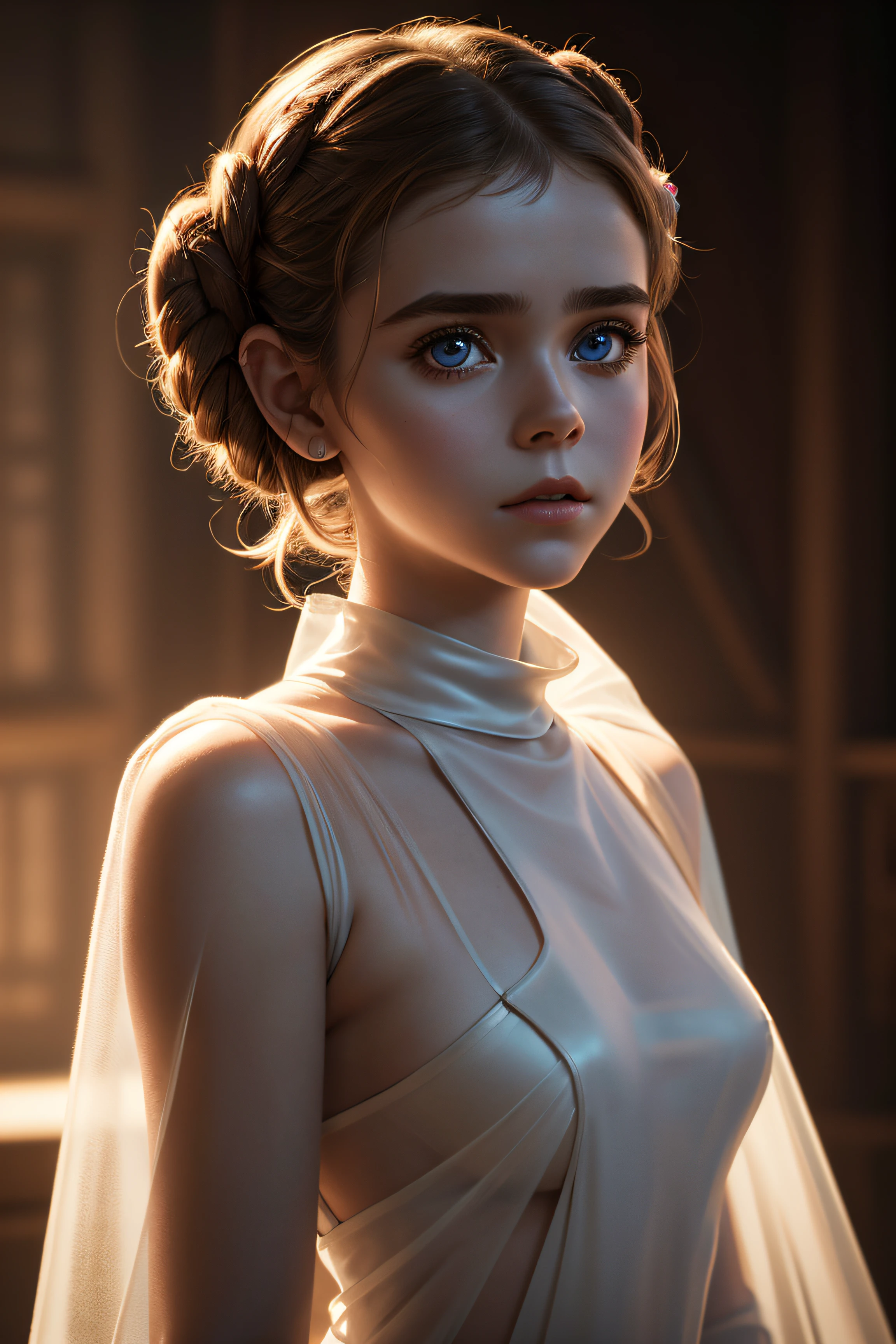 Kiernan Shipka, wearing princess Leia Organa costum sexy clothes transparent. professionally retouched, soft lighting, realistic, smooth face, perfect eyes, sharp focus on eyes, 8 k, high definition, insanely detailed, intricate, elegant. in a natural background.